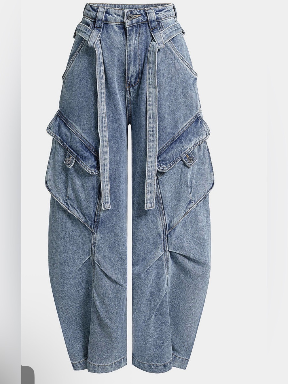 High-Waist Blue Wide-Leg Cargo Jeans with Belt - Picture 1 of 4
